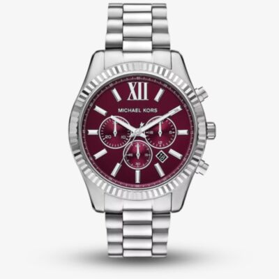Michael Kors Mens Lexington Silver Chronograph Red Dial Watch MK9242
