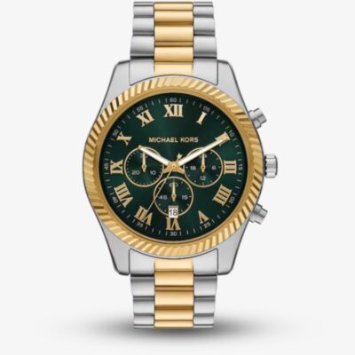 Michael Kors Mens Gold Silver Oversized Lexington Green Dial Two - Tone Bracelet Watch MK9277