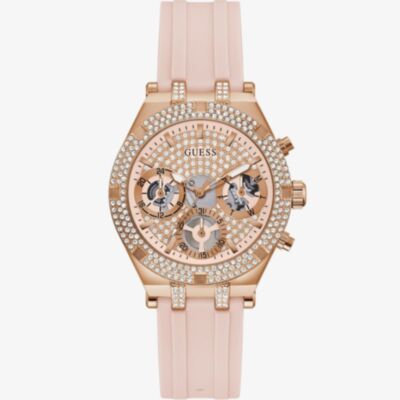 Guess Ladies Heiress Rose Gold Pink Rubber Strap Watch GW0407L3