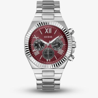 Guess Mens Equity Silver Red Dial Bracelet Watch GW0703G7