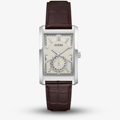 Guess Mens Hugh Silver & Brown Leather Strap Bracelet Watch GW1152G1