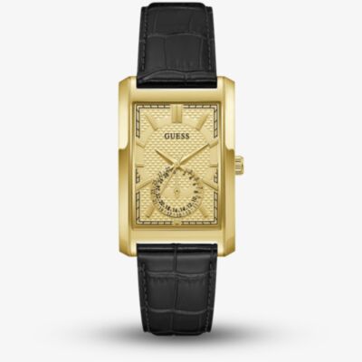 Guess Mens Hugh Gold & Black Leather Strap Bracelet Watch  GW1152G2