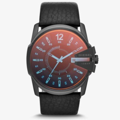 Diesel Mens Master Chief Black Iridescent Dial Leather Strap Watch DZ1657
