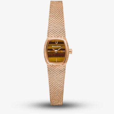 Bulova Ladies Goddess Of Time Rose Gold Plated Tigers Eye Dial Watch 97L185