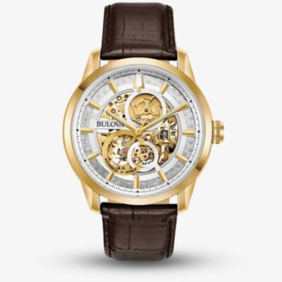 Bulova Mens Sutton Gold Plated White Skeleton Dial Brown Leather Strap Watch 97A138
