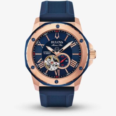 Bulova Mens Marine Star Rose Gold Plated Automatic Blue Dial Rubber Strap Watch 98A227