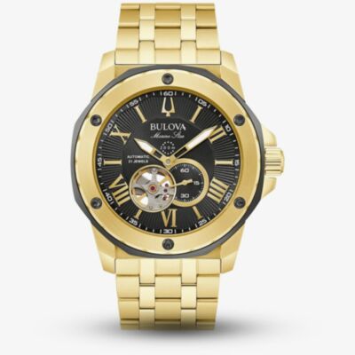 Bulova Mens Marine Star Gold Tone Skeleton Bracelet Watch 98A273