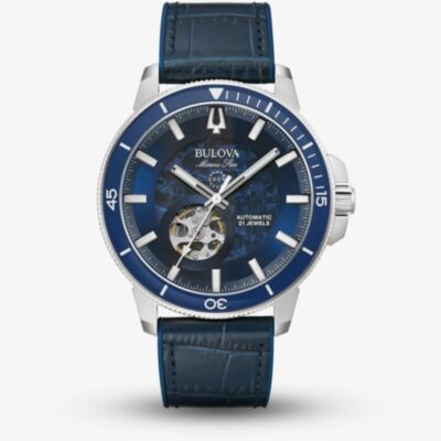 Bulova Mens Marine Star Automatic Blue Skeleton Dial Watch 96A291