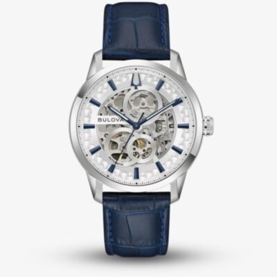 Bulova Mens Sutton Automatic Blue Skeleton Dial Leather Strap Watch 96A330