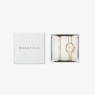ROSEFIELD Ladies Studio Bangle White Mother of Pearl Golden Bangle Bracelet Watch & Crystal Bangle Gift Set BWGCG-X293