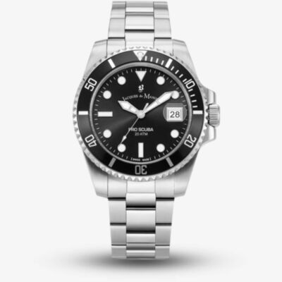 Jacques du Manoir Mens Pro Scuba Black Dial Stainless Steel Bracelet Watch JWG02801