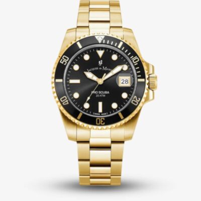 Jacques du Manoir Mens Pro Scuba Black Dial Gold Tone Stainless Steel Bracelet Watch JWG02803