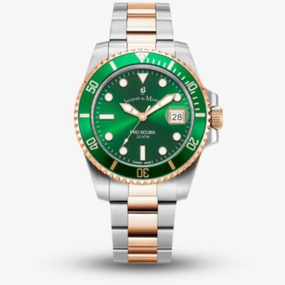Jacques du Manoir Mens Pro Scuba Green Dial Two Tone Stainless Steel Bracelet Watch JWG02804