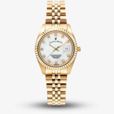 Jacques du Manoir Ladies Inspiration Elegance White Mother Of Pearl Dial Gold Tone Stainless Steel Bracelet Watch JWL01203