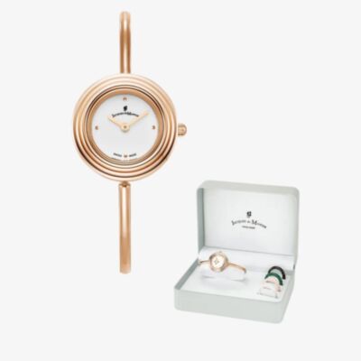 Jacques du Manoir Ladies Aurora White Dial Rose Gold Tone Bracelet Watch & Topring Boxset JWL05402