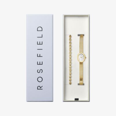 ROSEFIELD Ladies Mini Oval White Mother of Pearl Dial Golden Bracelet Watch & Coffee Bean Bracelet Gift Set MOGCB-X289