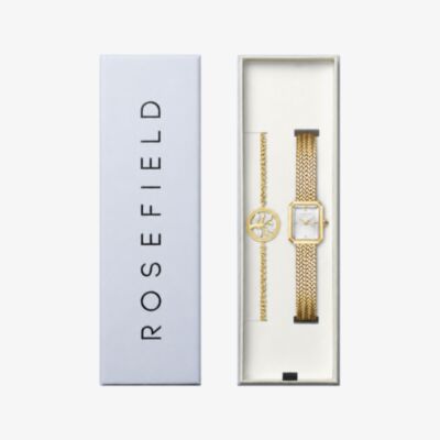 ROSEFIELD Ladies Mini Octagon White Dial Golden Bracelet Watch & Tree of Life Crystal Bracelet Gift Set MWGTG-X297