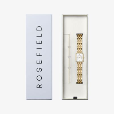 ROSEFIELD Ladies Octagon XS White Dial Golden Bracelet Watch & Three Pave Crystal Heart Bracelet Gift Set OWGHG-X296