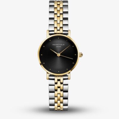 ROSEFIELD Ladies Small Edit Black Dial Two Tone Bracelet Watch SEBDSG-SE04