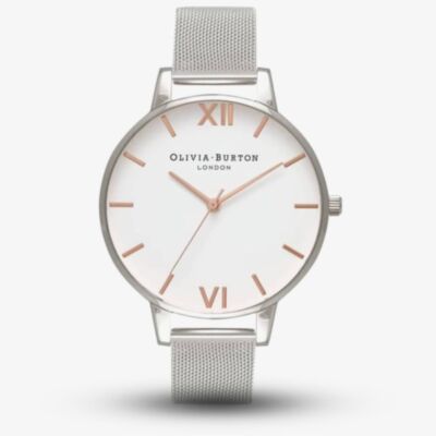 Olivia Burton White Dial Rose Gold And Silver Mesh Bracelet Watch 24000171