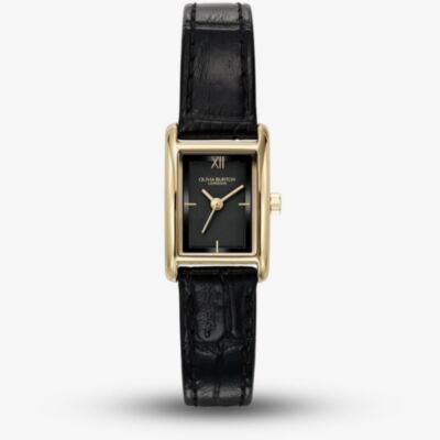 Olivia Burton Mini Grove Gold Black Leather Strap Watch 24000284