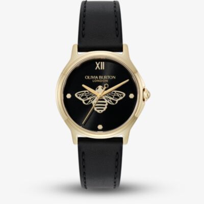 Olivia Burton Ladies Classic Bee Black Leather Strap Watch 24000344