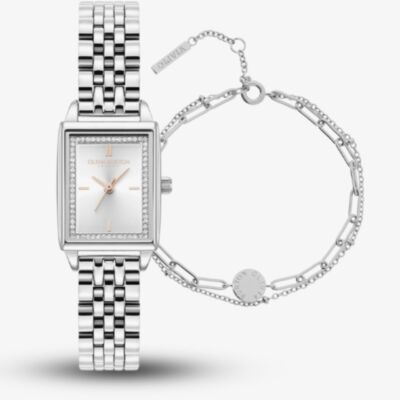 Olivia Burton Ladies White Dial Rectangle Bracelet Watch & Bracelet Gift Set 24070026