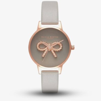 Olivia Burton Vintage Bow Rose Gold London Grey Leather Strap Watch OB16VB04