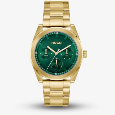 HUGO Mens #Bright Sport Green Dial Golden Bracelet Watch 1530425