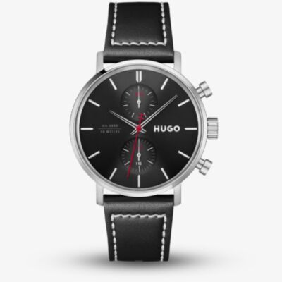 HUGO Mens #TakeOff Black Dial Leather Strap Watch 1530465