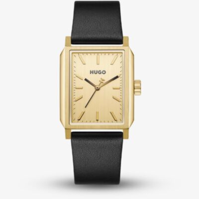 HUGO Mens #Steeze Rectangle Gold Dial Leather Strap Watch 1530481