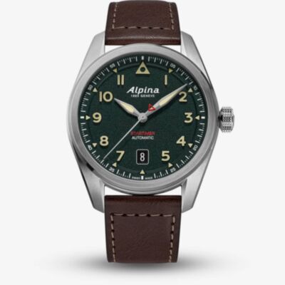 Alpina Mens Startimer Pilot Automatic Khaki Dial Leather Strap Watch AL-525KW4S36