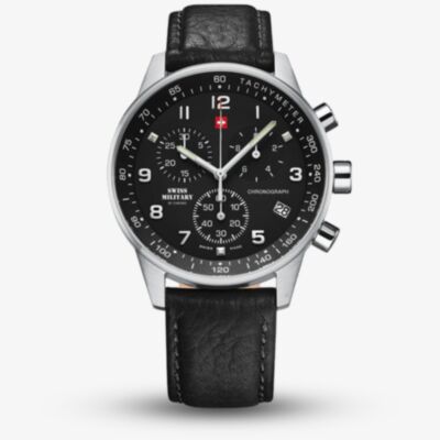  Swiss Military Mens Minimalist Chronograph Black Leather Strap Watch SM34012.05