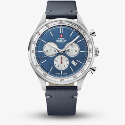  Swiss Military Mens Sports Chronograph Blue Dial Leather Strap Watch SM34081.08
