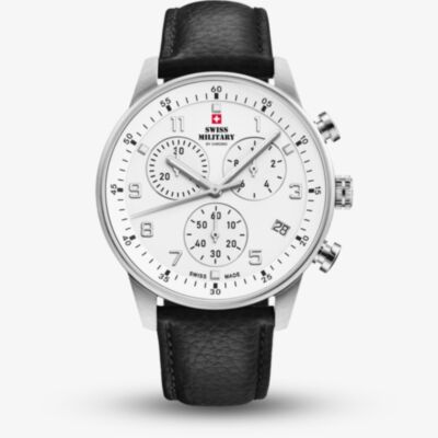 Swiss Military Mens Minimalist Chronograph White Dial Black Leather Strap Watch SM34114.09