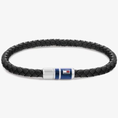 Tommy Hilfiger Mens Black Leather Logo Bracelet 2790293