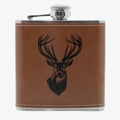 Stainless Steel & Brown Leatherette Deer 6oz Hip Flask HF-07