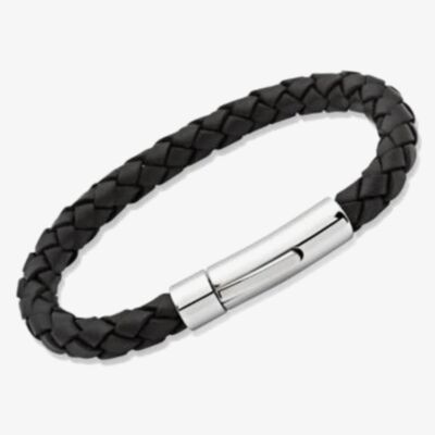 Unique Stainless Steel 19cm Black Leather Bracelet A40BL