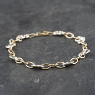Pre-Owned 9ct Two Colour Gold Heart 7.5 Inch Anchor Chain Bracelet 41061264