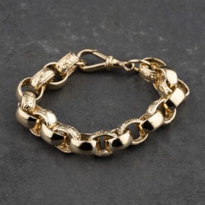Pre-Owned 9ct Yellow Gold Patterned Link 7 Inch Belcher Chain Bracelet 41081217