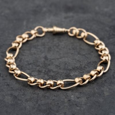 Pre-Owned 9ct Yellow Gold Roller Ball Link 3+1 8 Inch Figaro Chain Bracelet 41081258