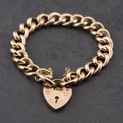 Pre-Owned 9ct Rose Gold Heart Padlock Chunky 8 Inch Curb Chain Bracelet 41081269