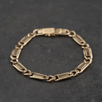 Pre-Owned 9ct Yellow Gold Bar & Curb 8 Inch Flat Link Chain Bracelet 41081305