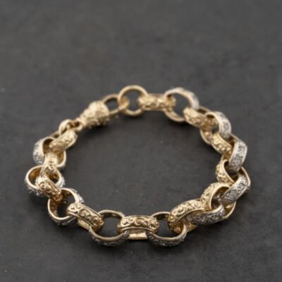 Pre-Owned 9ct Two Colour Gold Cubic Zirconia 8 Inch Belcher Chain Bracelet 41081313