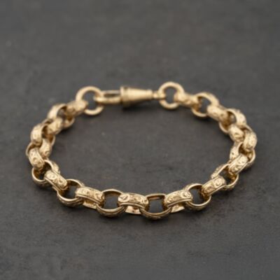 Pre-Owned 9ct Yellow Gold Oval Engraved 8 Inch Belcher Chain Bracelet 41081318
