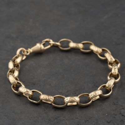 Pre-Owned 9ct Yellow Gold Patterned Link 8.5 Inch Belcher Chain Bracelet 41081337