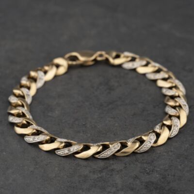Pre-Owned 9ct Two Colour Gold Diamond Set 8.5 Inch Curb Chain Bracelet 41081343