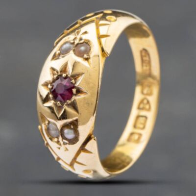 Pre-Owned 18ct Yellow Gold Ruby & Seed Pearl Five Stone Ring 41101415