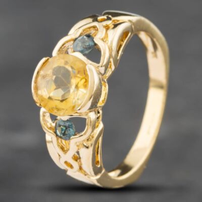 Pre-Owned 9ct Yellow Gold Green Tourmaline & Citrine Openwork Shoulders Dress Ring 41101669