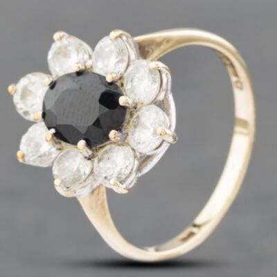 Pre-Owned 9ct Yellow Gold Sapphire & Cubic Zirconia Oval Flower Cluster Ring 41102552